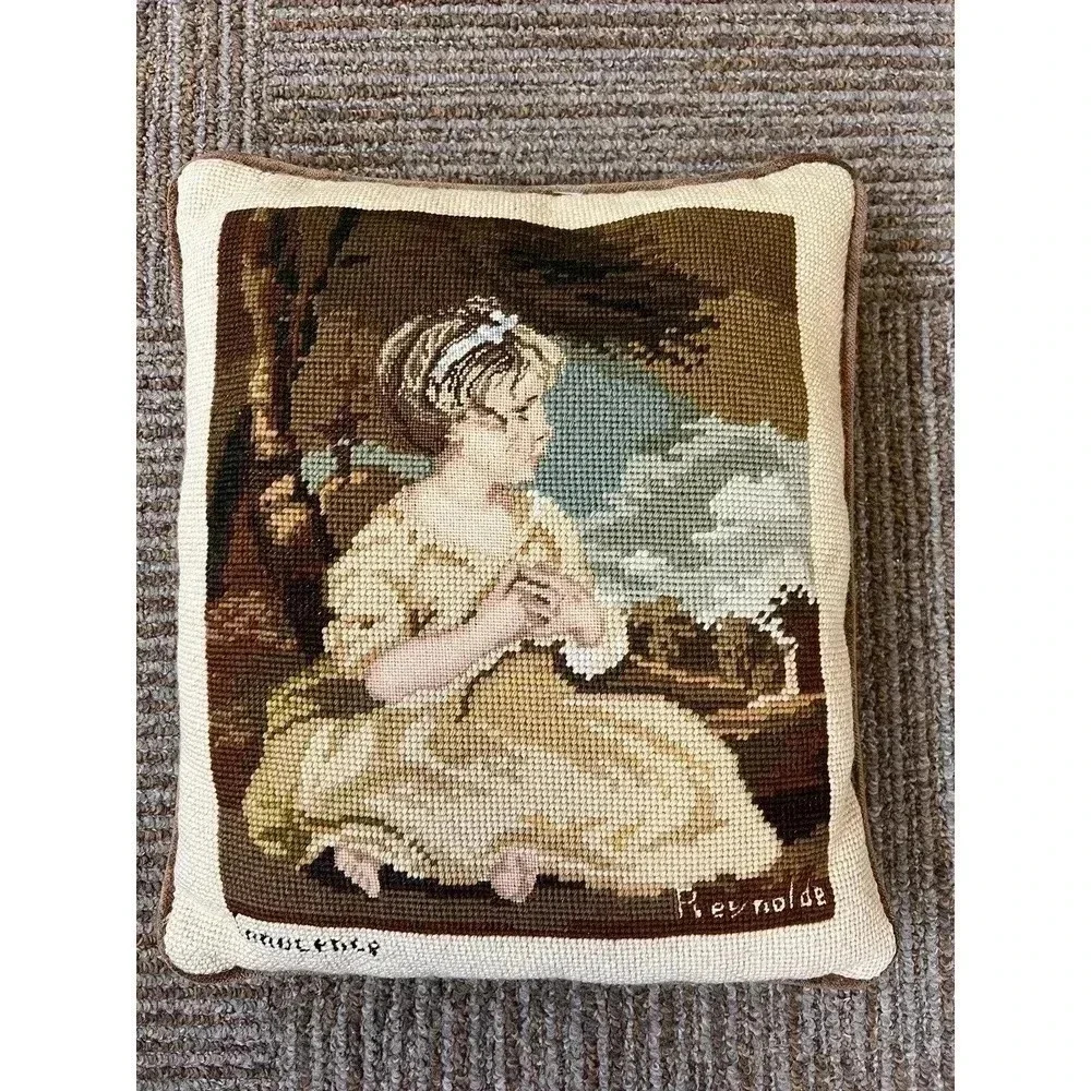 VINTAGE NEEDLEPOINT LITTLE GIRL "INNOCENCE" SIGNED REYNOLDE 13"X15" VELVET BACK